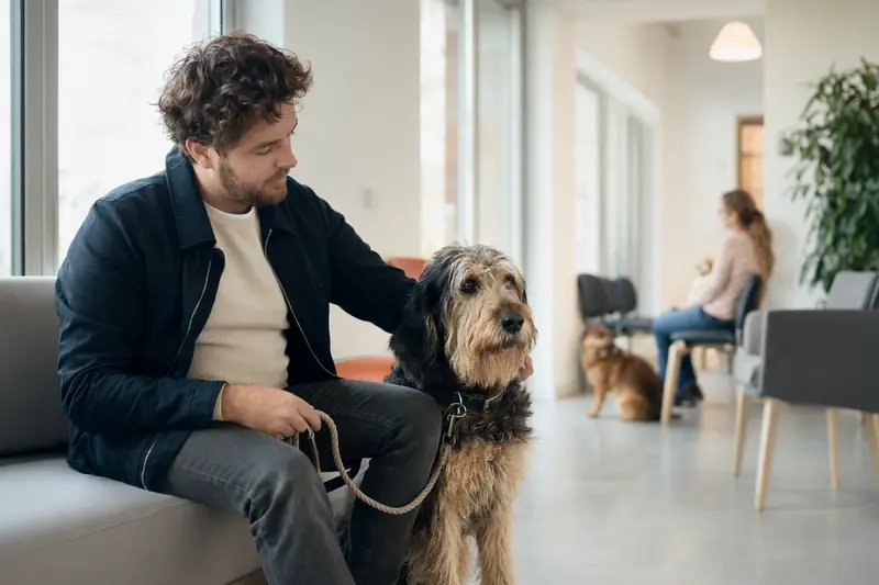 Ein Grand Griffon Nivernais sitzt ruhig neben seinem Besitzer im hellen Wartezimmer einer modernen Tierarztpraxis.